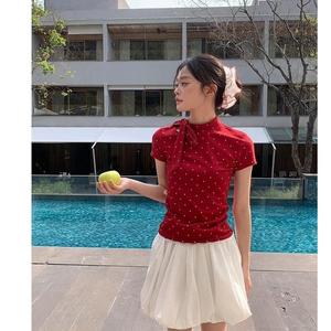 Red polka dot short sleeve t shirt for women, new style, regular shoulders, slim fit, bow tie, hot girl, summer trend.