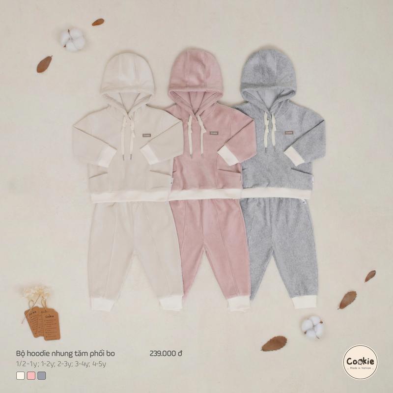Bộ Quần Áo Hoodie Nhung Tăm Cookie Phối Bo Cho Bé Trai, Gái Size 1/2-1y Đến 4-5Y, Đồ Đông Cho Bé, Bộ Đông Cho Bé Tee
