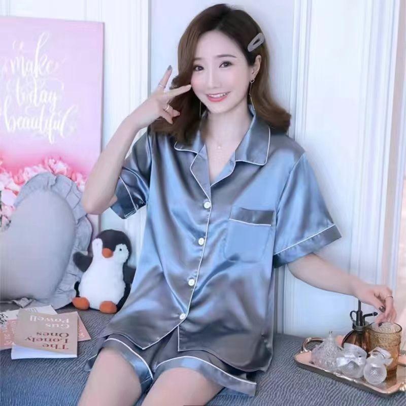 Đồ Ngủ Phong Cách Hàn Quốc, Bộ Đồ Ngủ Hai Mảnh ngắn Tay Bằng Lụa Lạnh Mùa Hè Cho Nữ, Chất Liệu Lụa Nhân Tạo, Thích Hợp Cho Học Sinh, Bộ Đồ Mặc Bên Ngoài Mỏng, Đồ Mặc Nhà 4