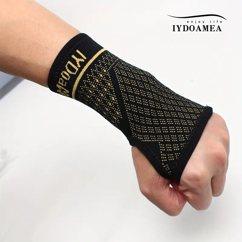 1 Pair Copper Infused Wrist Compression Sleeves - Upgraded Support, Breathable & Durable Fabric, Ergonomic Design for Sports, Gym, Workout - Black with Golden Accents, Unisex for Men & Women, Wrist Straps for Weightlifting 2