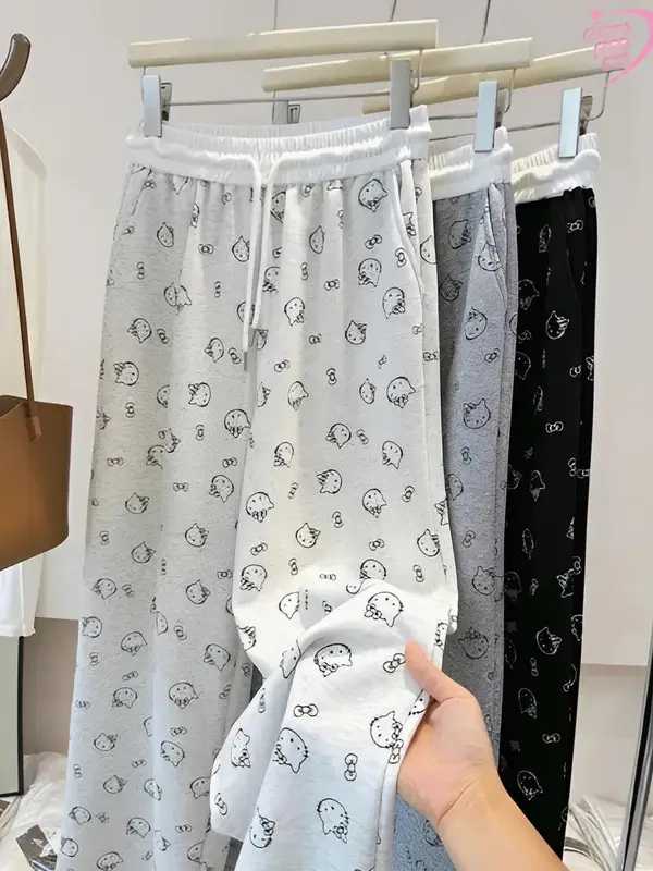 Quần ống suông họa tiết mèo hello kitty mặc nhà quần  dài  nữ quần  suông  nấm  lùn 1