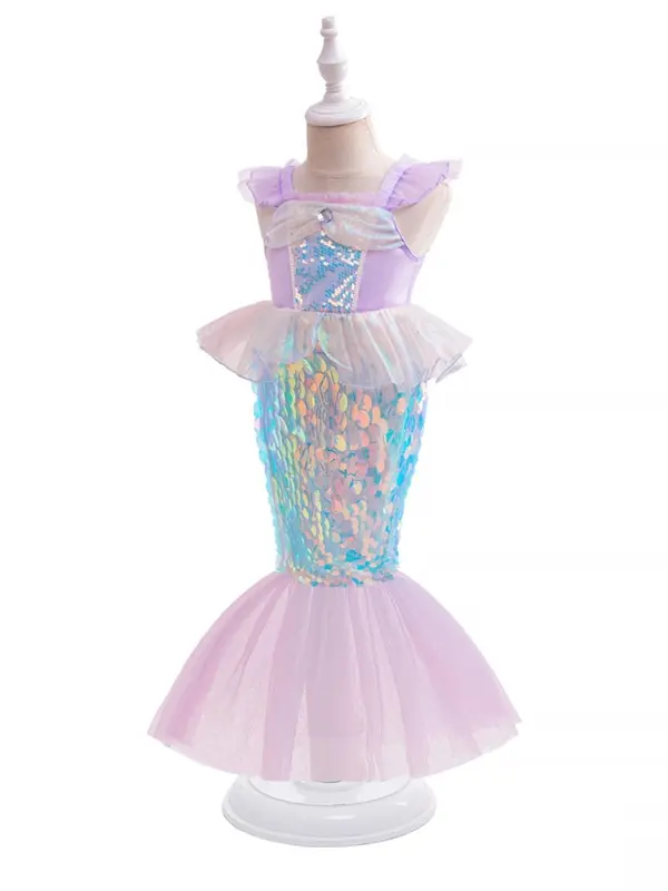 Christmas Gift Mermaid Costume for Girls, Contrast Sequin Zipper Back Butterfly Sleeve Tulle Dress, Girls Partywear for Birthday Party 2