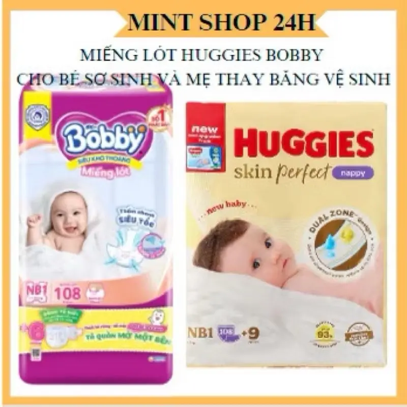 Miếng lót bobby nb108+6 và miếng lót huggies nb108+6 cho bé sơ sinh và mẹ sau sinh 0