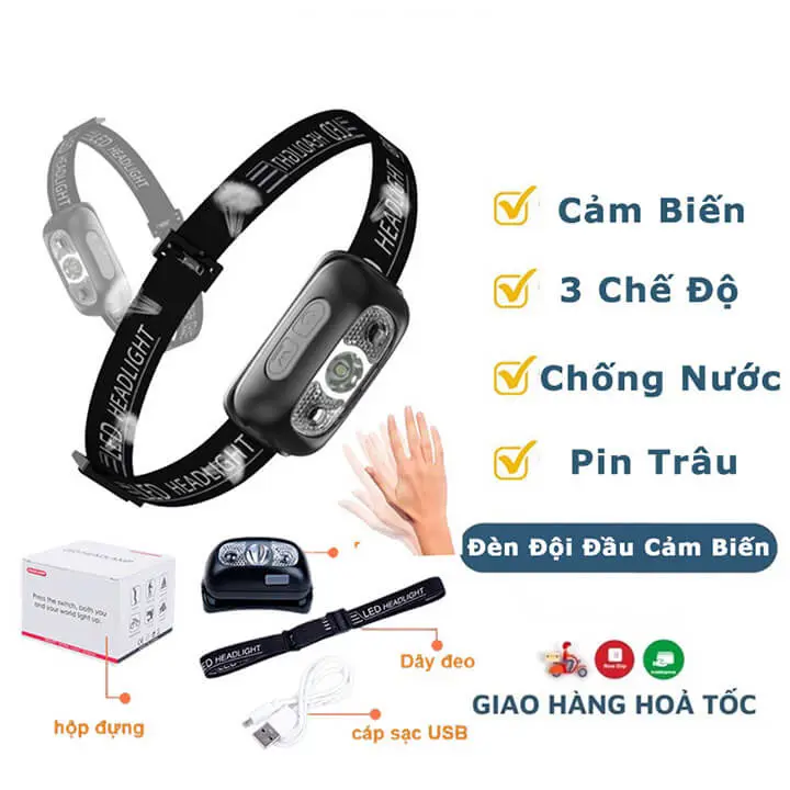 Đèn Pin LED đội đầu cảm biến bằng tay chống nước kèm sạc USB Phụ Kiện 0
