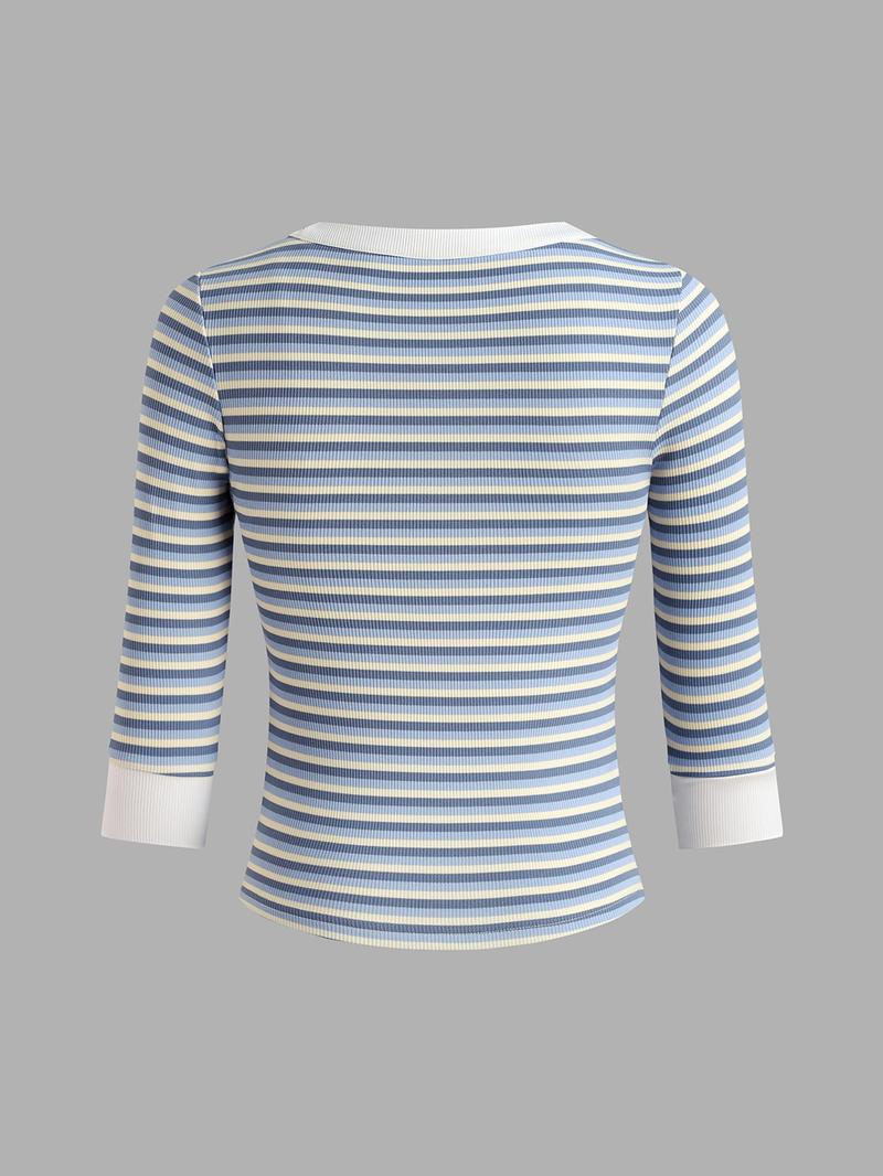 Product Introduction of YOZY Women's Striped Patchwork Print Button Ribbed Tee, Casual 3/4 Sleeve Square Neck T-Shirt for Spring & Fall, Women's Top for Daily Wear 3