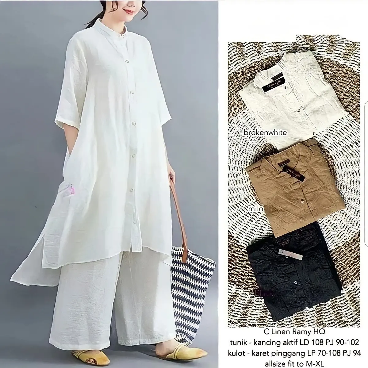 Natania Set Kemeja Kancing Depan + Celana Kulot Panjang Setelan Wanita Busui Jumbo Polos Bahan Katun Rami Premium Terbaru Ld 108 cm /Stelan Remaja Kasual Cewek Kekinian Aneka Warna Baju Lembut Atasan Dewasa