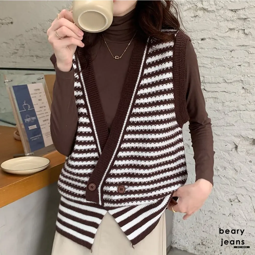 BEARY JEANS BJ113 | Casual Sweater Vest V-Neck 2023 Striped Vest Rompi Wanita Fashion Sleeveless Loose Knitted Vest Import Premium