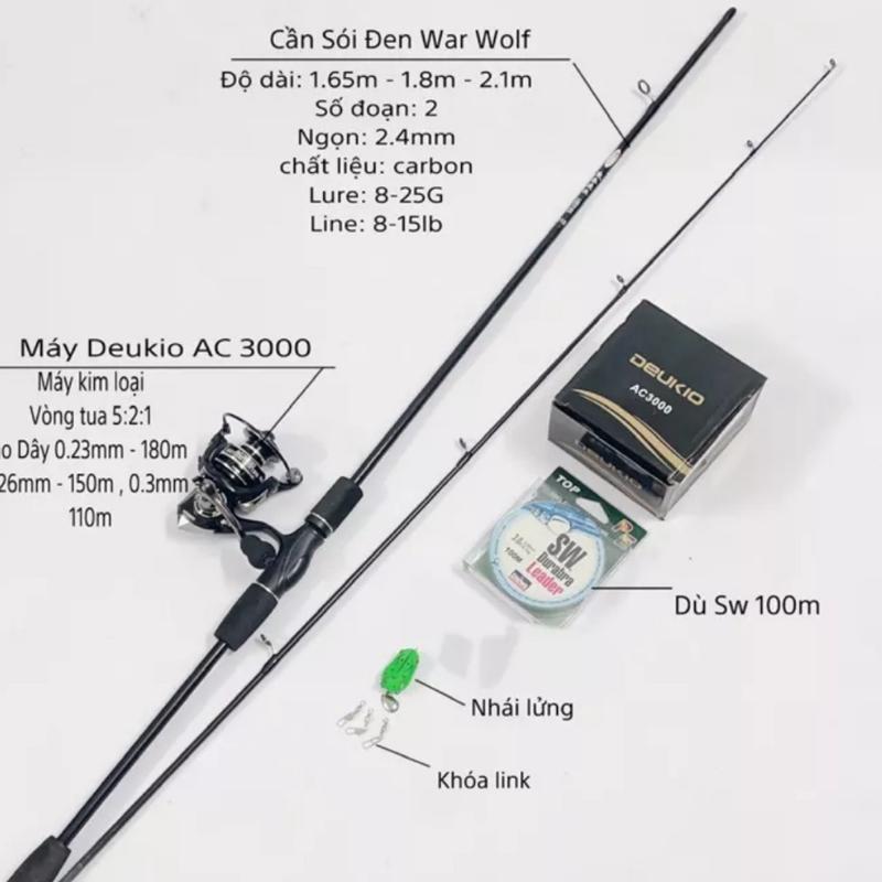 Cần câu lure máy đứng Deukio AC và phụ kiện giá rẻ - Combo Bộ cần lure Sói Đen kèm máy giá rẻ