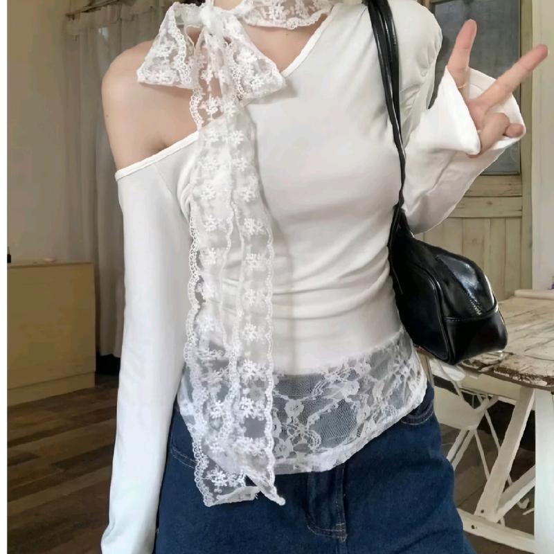 Áo thun Nữ, lệch vai trễ vai phối ren tay dài, tặng kèm ren Women Top A148 baby tee (45_55kg) chất thun mềm cột nơ