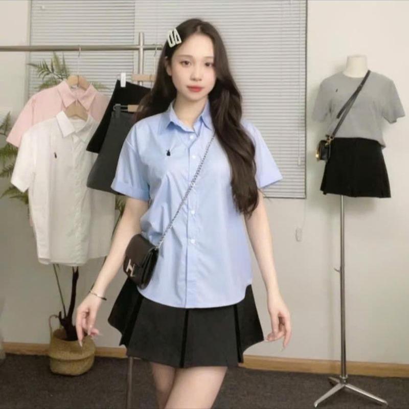 Sơ mi cộc tay thêu hình thỏ chất lụa siêu mát thấm hút mồ hôi top nữ Áo Women Áo