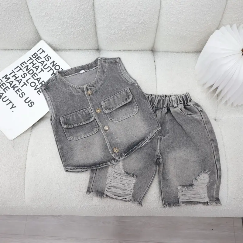 Bộ quần áo  BA LỖ JEAN MỀM cổ tròn màu xám bạc cho bé từ 8-30kg 6