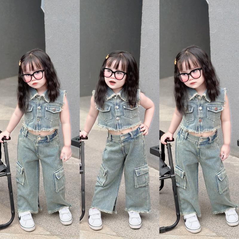 B24-Set Bộ Áo Jean Gile Phối Quần Suông Túi Hộp Chất Chơi Cho Bé Gái