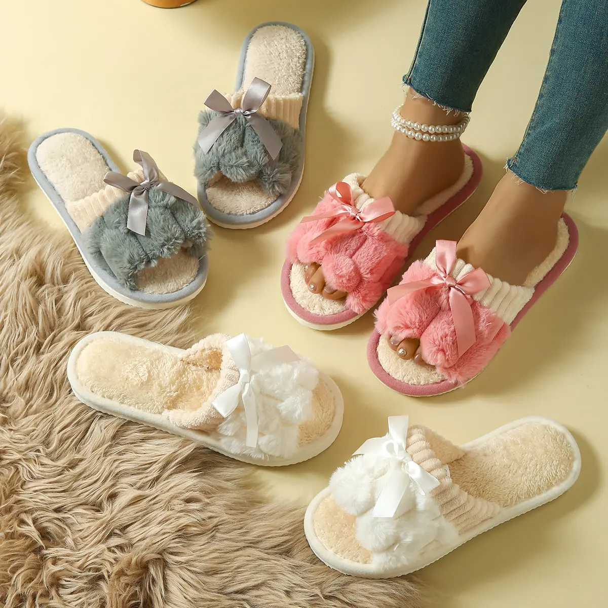 Home slippers flat-bottomed slippers women's outer wear bow cotton slippers outer wear trend non-slip slippers