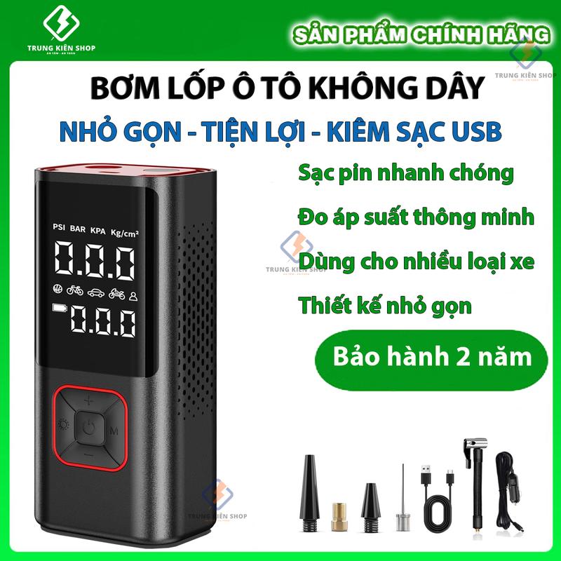 [BH 2 năm] Bơm hơi điện tự động không dây, Pin 6000mAh, bơm xe hơi, xe máy, xe điện, xe đạp, bóng, đệm, nhanh chóng, an toàn  Tích Hợp sạc dự phòng, Đèn Pin Soi Sáng - Trung Kiên Shop