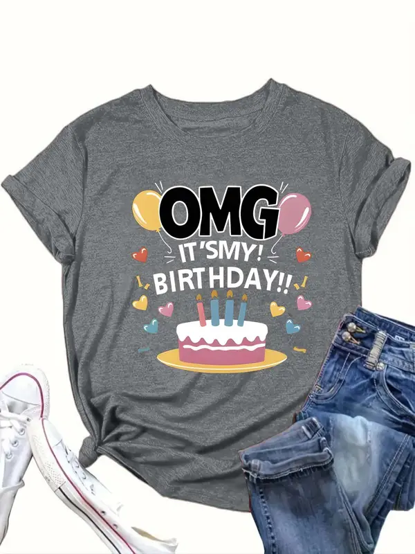 【Plus Size】 Cartoon Birthday Cake & Letter Print Round Neck Tee, Casual Short Sleeve T-shirt for Summer, Women's Clothing for Daily Wear 3