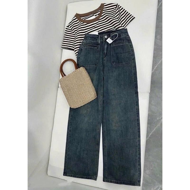 Quần jean nữ nấm lùn ống suông túi tròn (93cm) Ms559