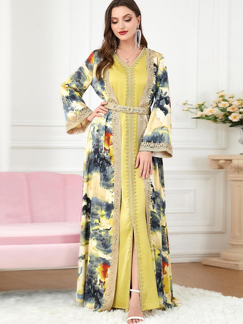 Product Introduction of Arabic Clothing-Tie Dye Embroidery Appliques Split Arabian Dress, Modest Asian Suits Eid, Moroccan Thobes, Abaya for Women, Festival Outfits, Women's Spring Muslim Clothes 7