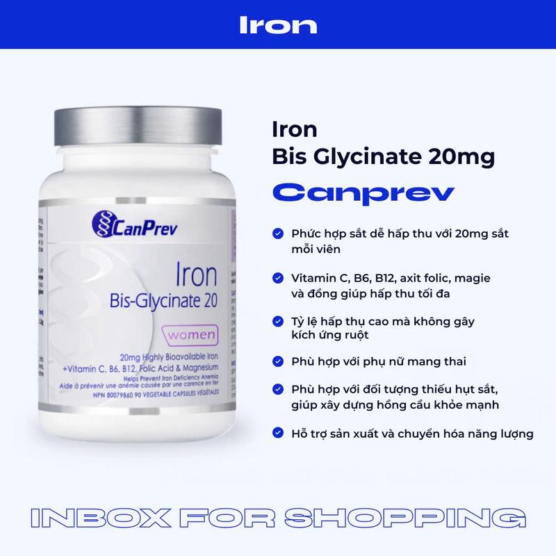 Viên uống bổ sung sắt Canprev Iron Bis Glycinate 20mg hỗ trợ sức khỏe, bổ máu 90 viên 1
