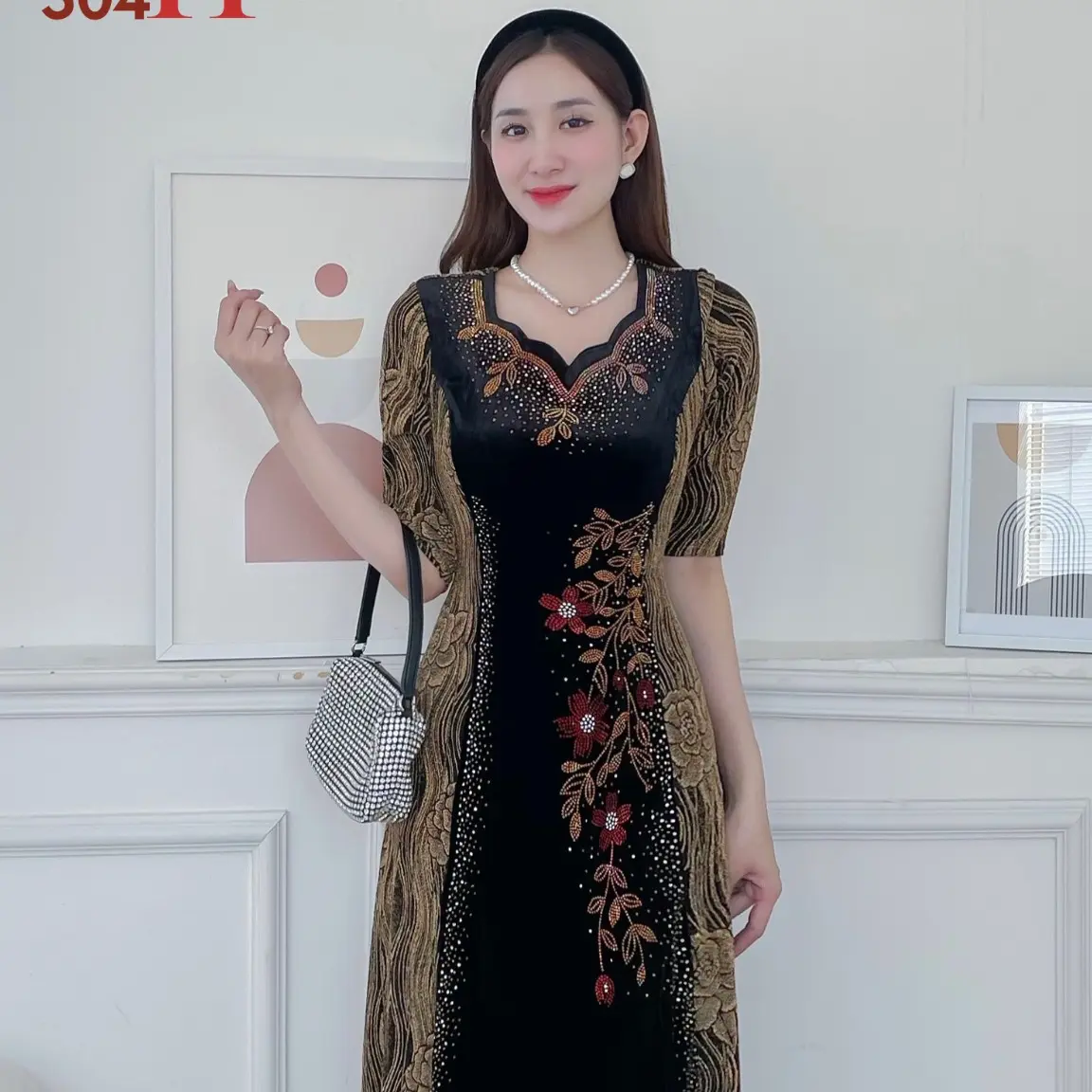 M504 Đầm Trung niên ép đá dự tiệc Nữ Dress Đỏ Women