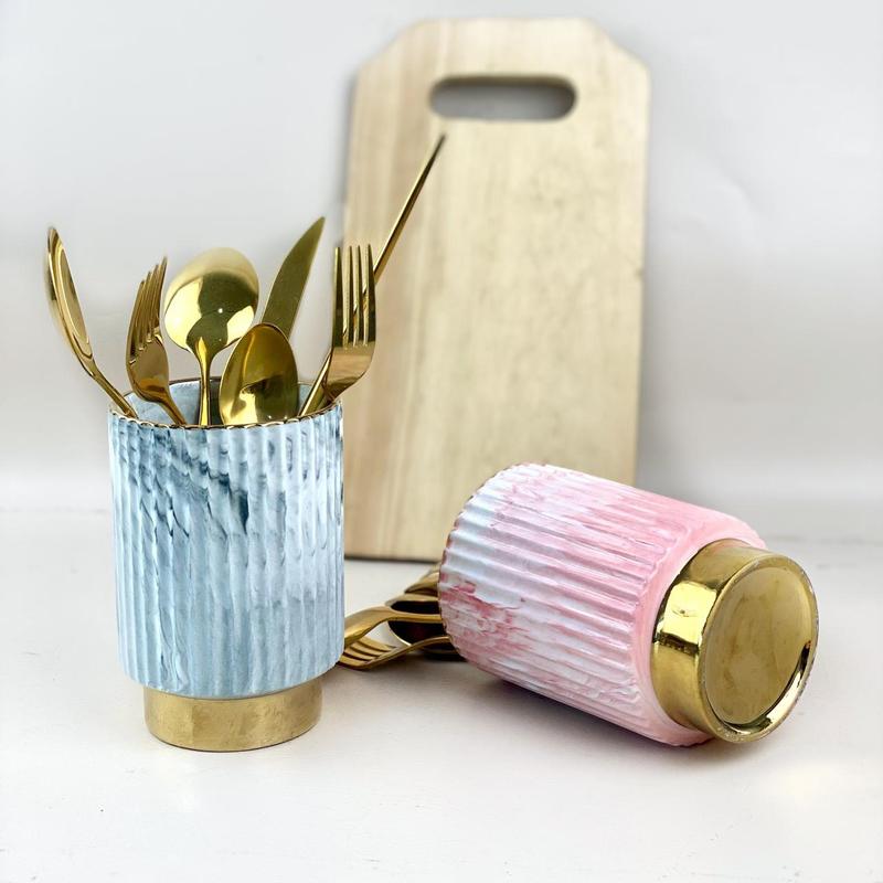 ASHOME tempat sendok keramik marble dengan list gold beruk garis-garis elegant mewah/ tempat sikat gigi keramik marble list gold elegant/ gelas keramik  motif marble list gold elegant 7