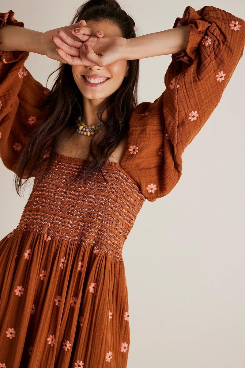 Product Introduction of Women's Floral Embroidery Frill Trim Shirred Flounce Sleeve Dress, Boho Fashion Long Sleeve Square Neck A Line Dress for Daily Holiday Vacation Wear, Ladies Dress for All Seasons, Dresses for Women, Spring Dress Casual Womenswear jaded london  dress 13