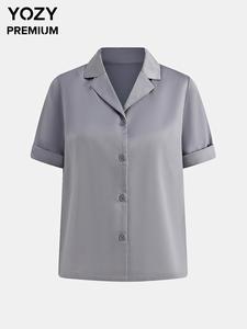 YOZY Women's Plain Button Front Shirt, Casual Short Sleeve Collared Top for Summer, Ladies Clothes for Daily Wear