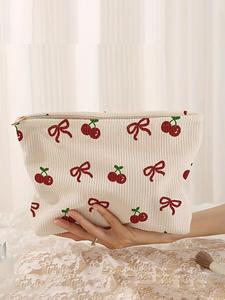 Bolsa de maquillaje con patrón de cerezas y moño, ligera, multifuncional y de moda, bolsa casual de maquillaje para viaje, adecuada para viajes de ocio y diversas ocasiones