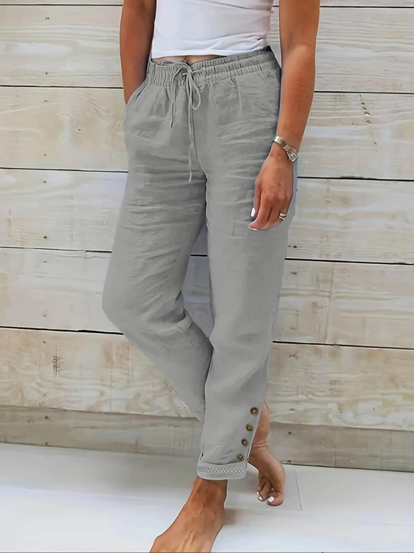 【Plus Size】 Solid Color Button Decor Pants, Casual Comfy Trousers for Daily Wear, Women's Bottoms for Summer