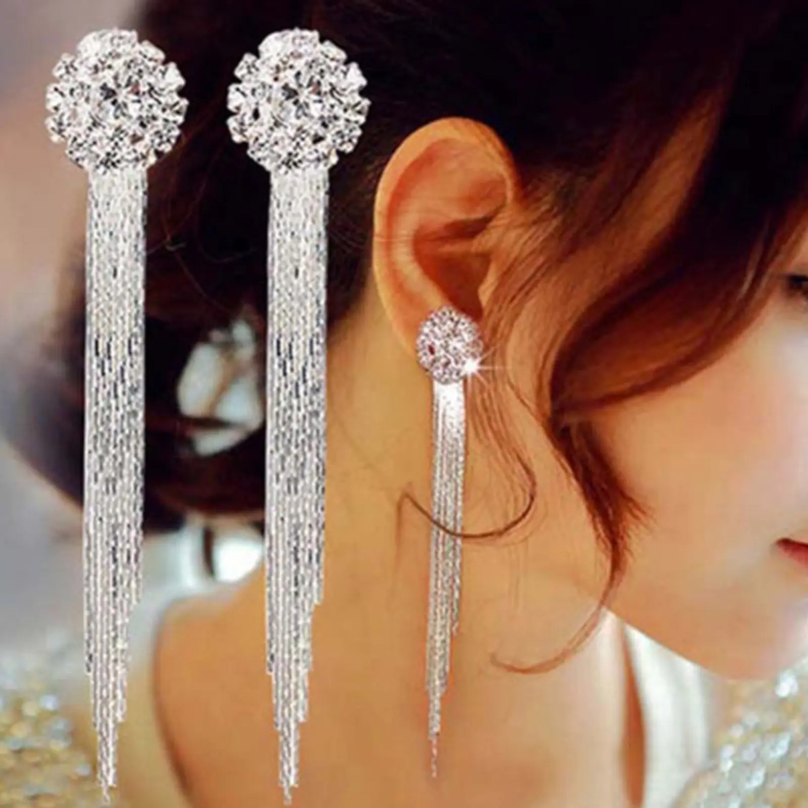 Bông Tai Tua Rua Nhẹ Và Thanh Lịch, Sáng Bóng, Kim Cương Giả, Bóng Dài, Lủng Lẳng, Phụ Kiện Trang Sức