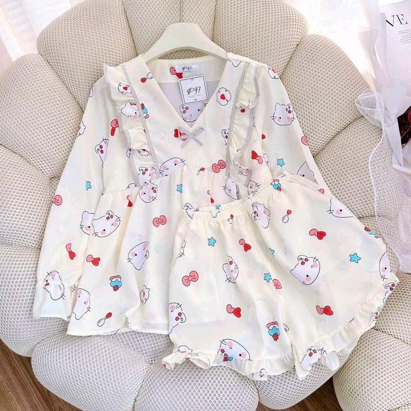 Đồ Bộ Mặc Nhà Nữ Áo Tay Dài Babydoll Quần Đùi Có Túi Viền Bèo - Chất Lụa Mango Mịn Mát Hoạ Tiết Dễ Thương Form Dưới 60kg Women ngủ set phồng Nhung Tua Rua