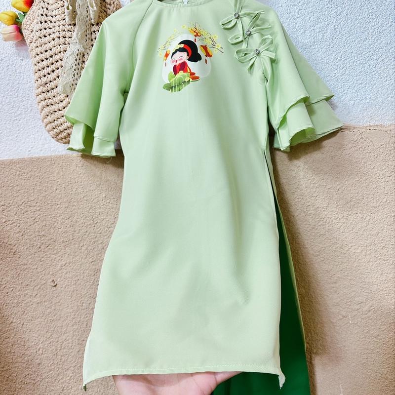 Set Áo Dài Tết Xanh Cốm Kèm Quần Dài 84A Dành Cho Bé Gái