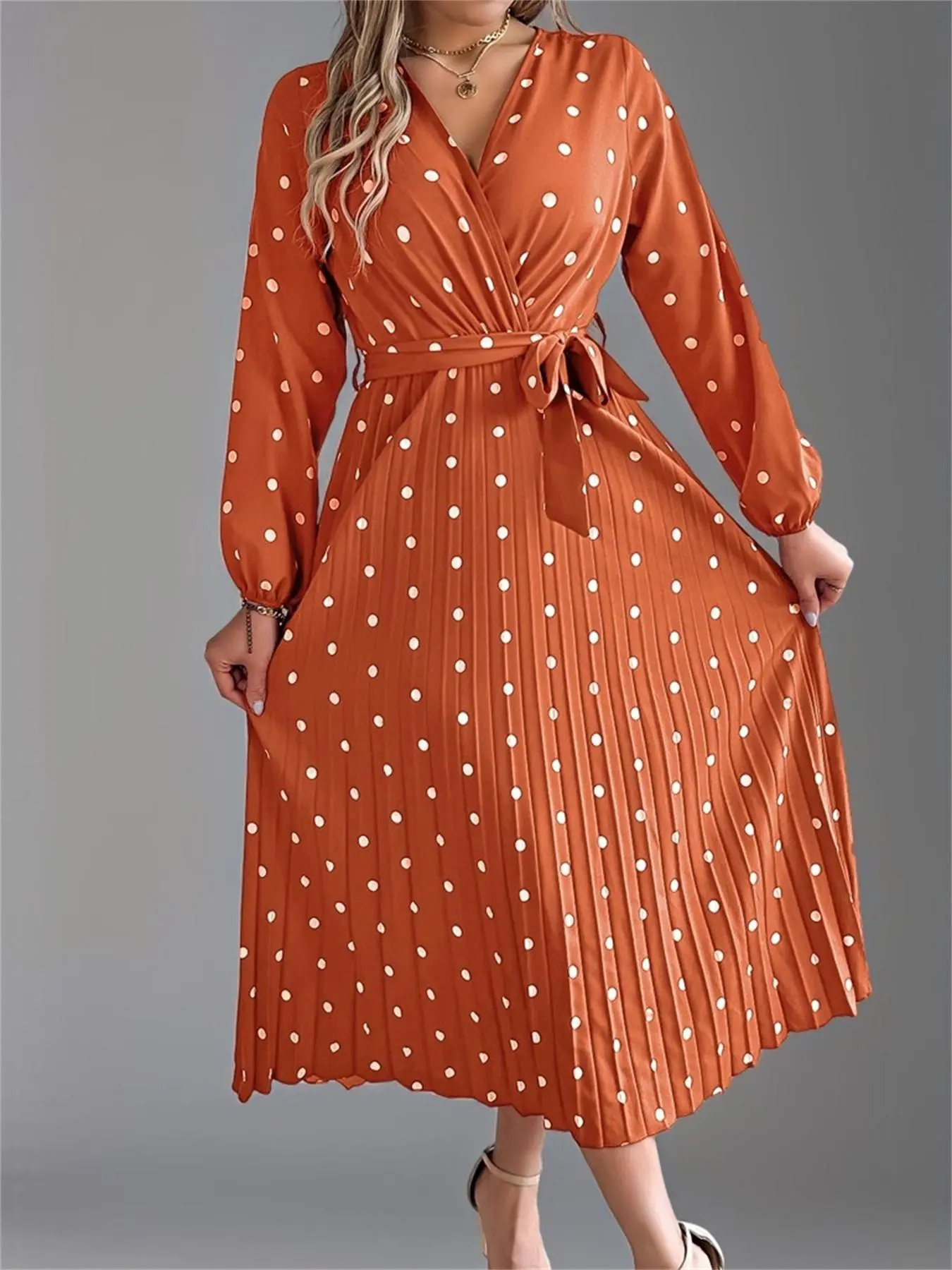 Women's Polka Dot Print Belted Wrap Dress, Casual Long Sleeve V Neck Dress for Spring & Fall, Women's Clothing for Daily Wear