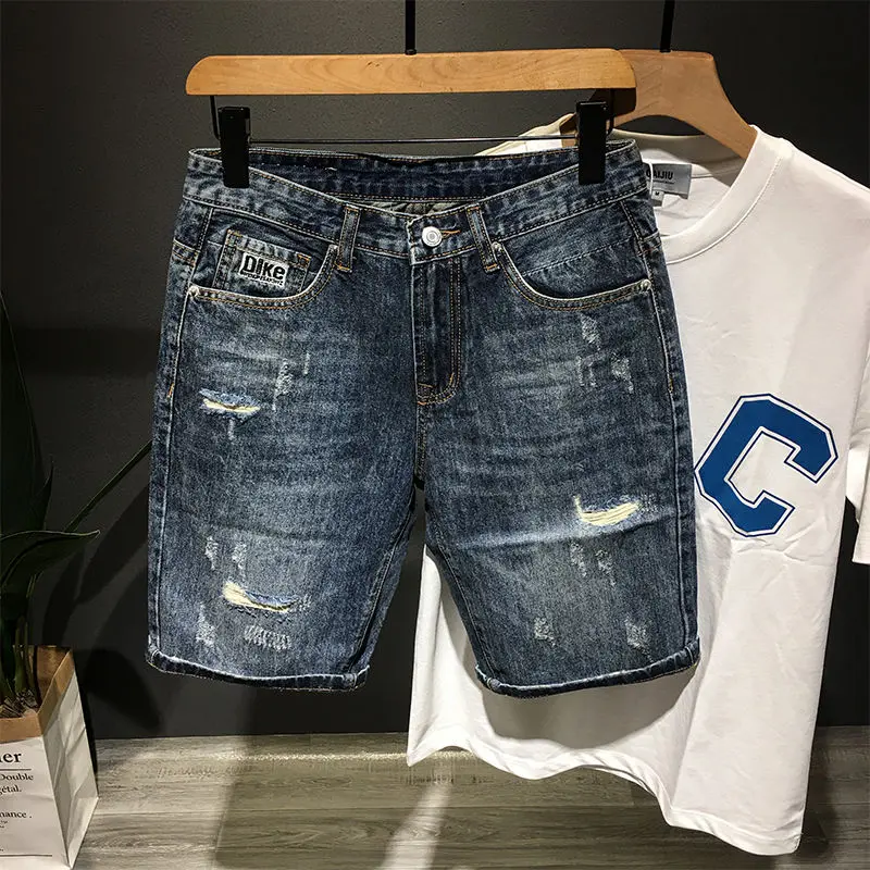 Quần Short Denim Thêu, Dành Cho Nam Giới, Dáng Suông Rộng Vừa Vặn, Phong Cách Đi Chơi Đã Giặt Sạch, Thích Hợp Cho Mùa Hè 2022, Quần Dài Đến Đầu Gối Ăn Xin Rách, Thanh Niên Menswear Pants Jean Có Túi