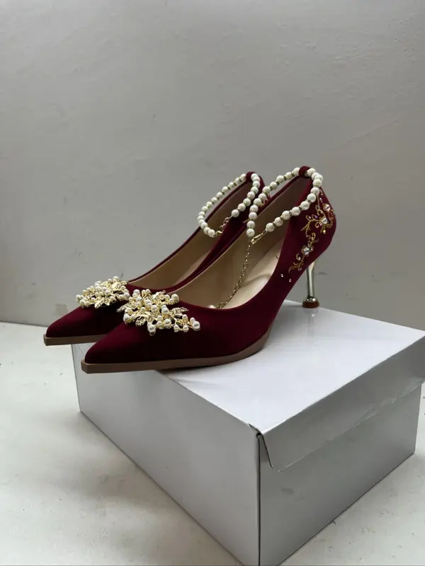 Women's Fashionable Rhinestone & Faux Pearl Decorated Spool Heel & Low Heel Shoes, Elegant Pointed Toe Heel Shoes for Party, Daily Clothing Decor for Women & Girls 5