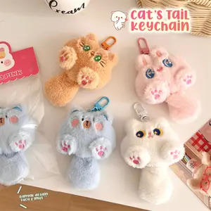 Gantungan Kunci Lucu Hiasan Tas Hadiah Ganci Boneka Kucing Lucu dengan Ekor, Cute Plush Animal Doll Keychain Bag Charms