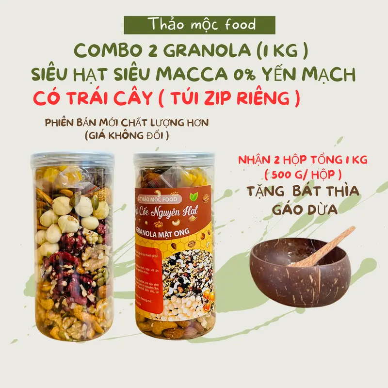 COMBO 2 GRANOLA 0% yến mạch siêu hạt Siêu macca tổng 1kg [Thảo Mộc Food] [Tặng kèm 1 bộ bát gáo dừa]  Hữu cơ Không đường Tự nhiên Socola Thức Ăn ngucoc 5