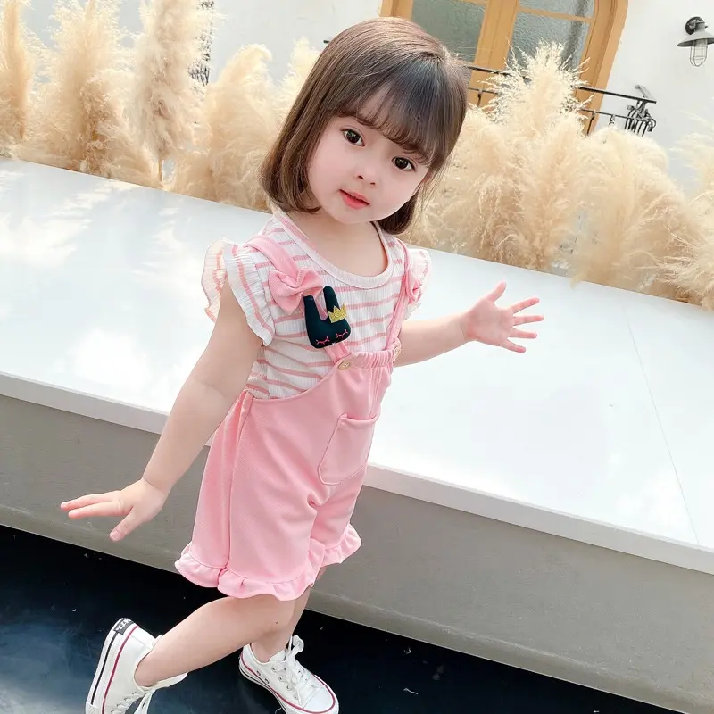 Setelan Set 2in1 Overall Anak Bayi Perempuan Kodok Garis Strip Pendek Import Cewek Parsel 1