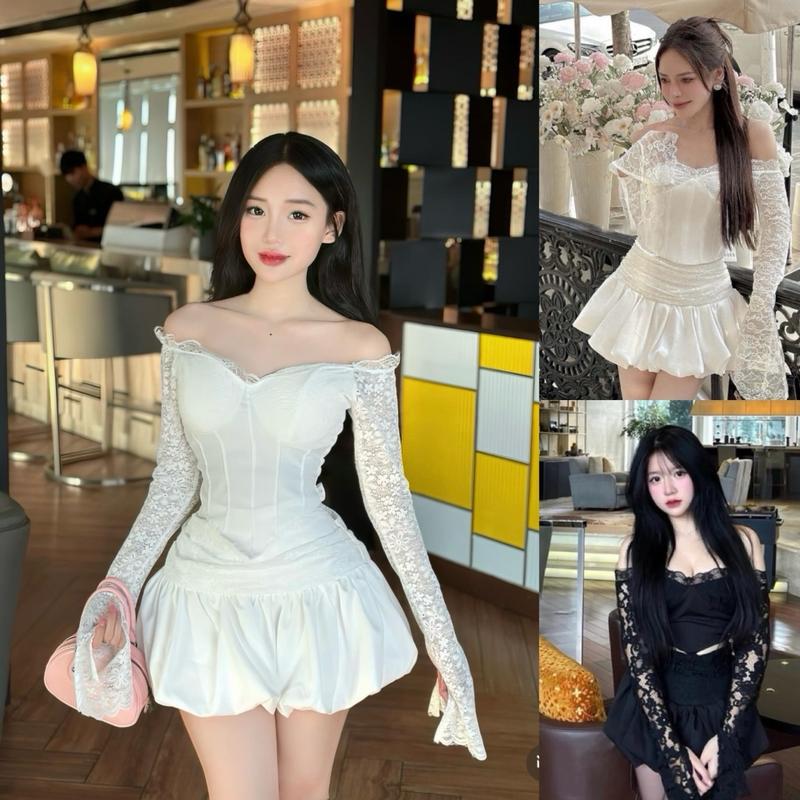 ￼Set áo trễ vai tay ren mềm dài ống loe phối chân váy bí phồng TUỆ GIANG ( có mút + lót quần ) -Thuỳ Cẩm Nhung Store Tay Loe