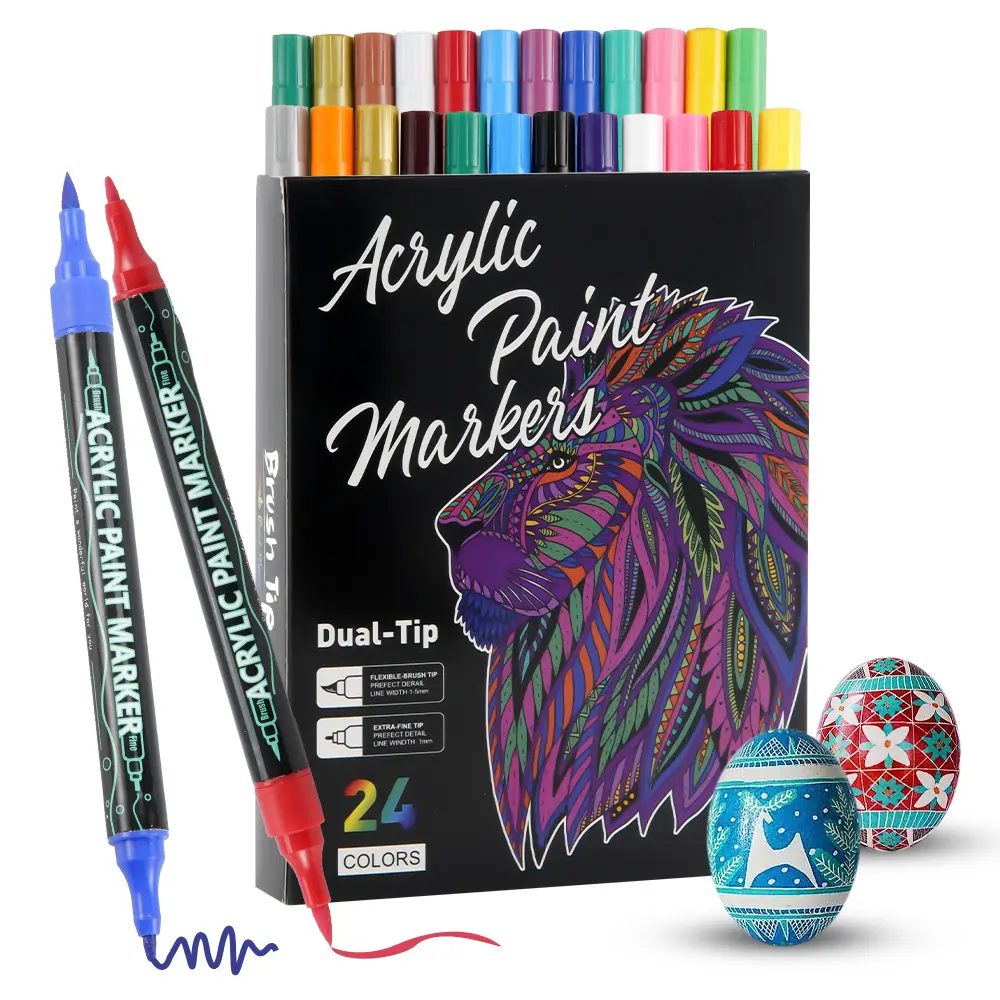Overseas Acrylic Paint Markers, 24 Colors Paint Pens Acrylic Markers Dual Tip with Brush Tip and Dot Tip, No Bleeding Coloring Markers for Wood, Rock, Canvas, Glass, Metal, Ceramic, Plastic, Fabric