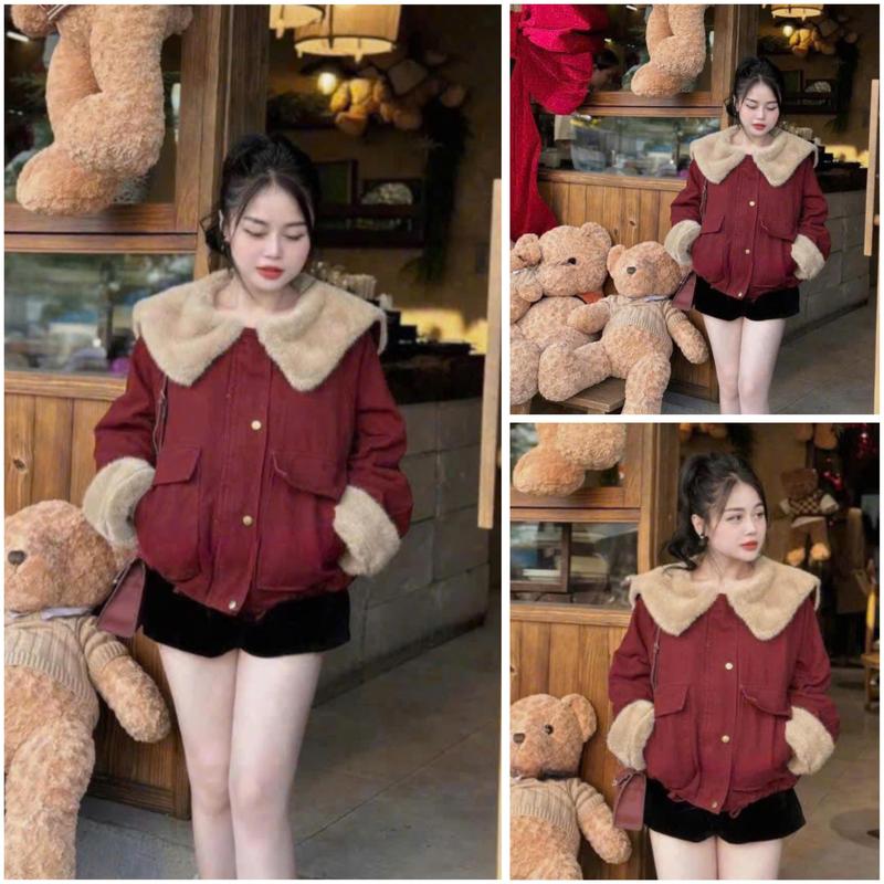 Áo Khoác Nữ Mùa Đông KaKi Lót Lông Cừu Cổ Bẻ Bản To Ống Tay Dài Trẻ Trung