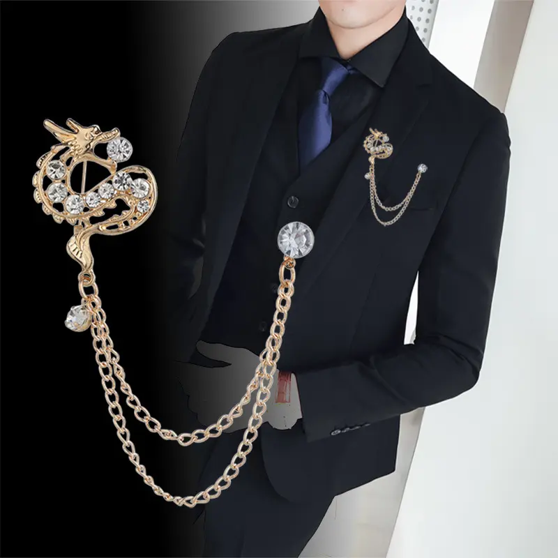 Ghim Cài Ve Áo Thanh Lịch Cho Nam, 1 Cái, Có Dây Xích, Ghim Cài Áo, Vàng Và Bạc 4