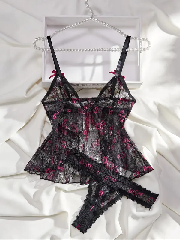 Women's Floral Print Sheer Lace Sexy Lingerie Set, Bow Decor Split Lingerie Top & Thong Set, Romantic Underwear Set for Ladies, Naughty Lingerie 8