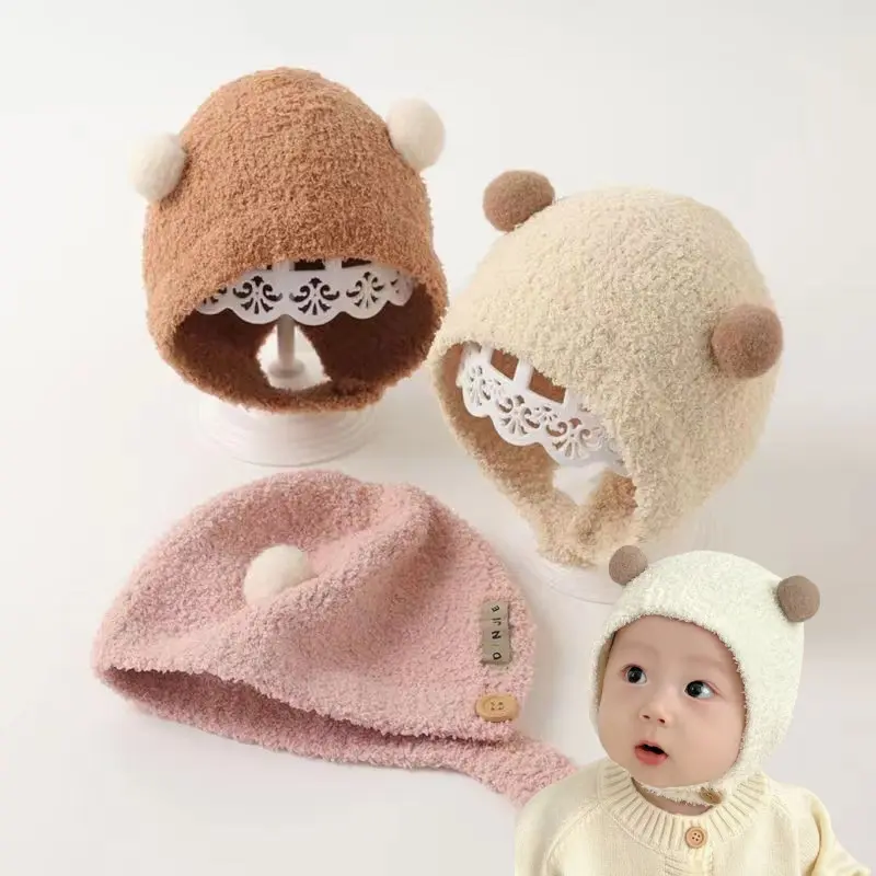 Mũ Len Dệt Kim, Ấm Áp Mùa Đông, Thiết Kế Dễ Thương, Có Bảo Vệ Tai, Có Nút, Thích Hợp Cho Mùa Thu Và Mùa Đông, Mũ Ấm Lông Cừu Nhồi Bông Cho Trẻ Em, Trẻ Em Và Trẻ Sơ Sinh 2