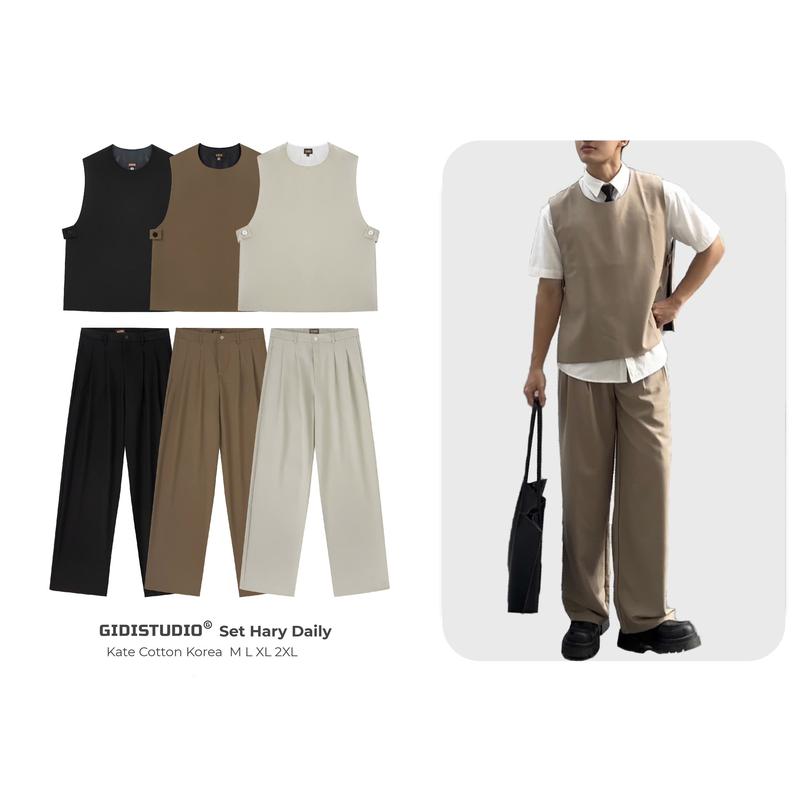 GIDISTUDIO _Set áo Gile Hary phối áo sơ mi và quần tây Daily chất liệu kate cotton korea form rộng phong cách Hàn Quốc Nam Nữ Unisex GIDI