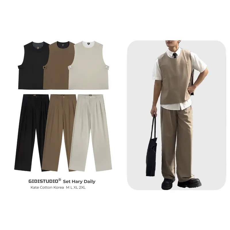 [GIDISTUDIO]_Set áo Gile Hary phối áo sơ mi và quần tây Daily chất liệu kate cotton korea form rộng phong cách Hàn Quốc Nam Nữ Unisex GIDI 0