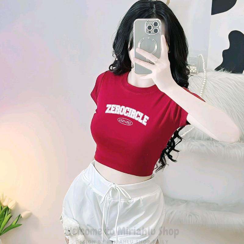 Áo Thun Croptop Borip Ôm Body Nữ Form Basic In Chữ Zero Circle, Women Voi Cổ Tròn Voan Trắng Dáng Ngắn 5