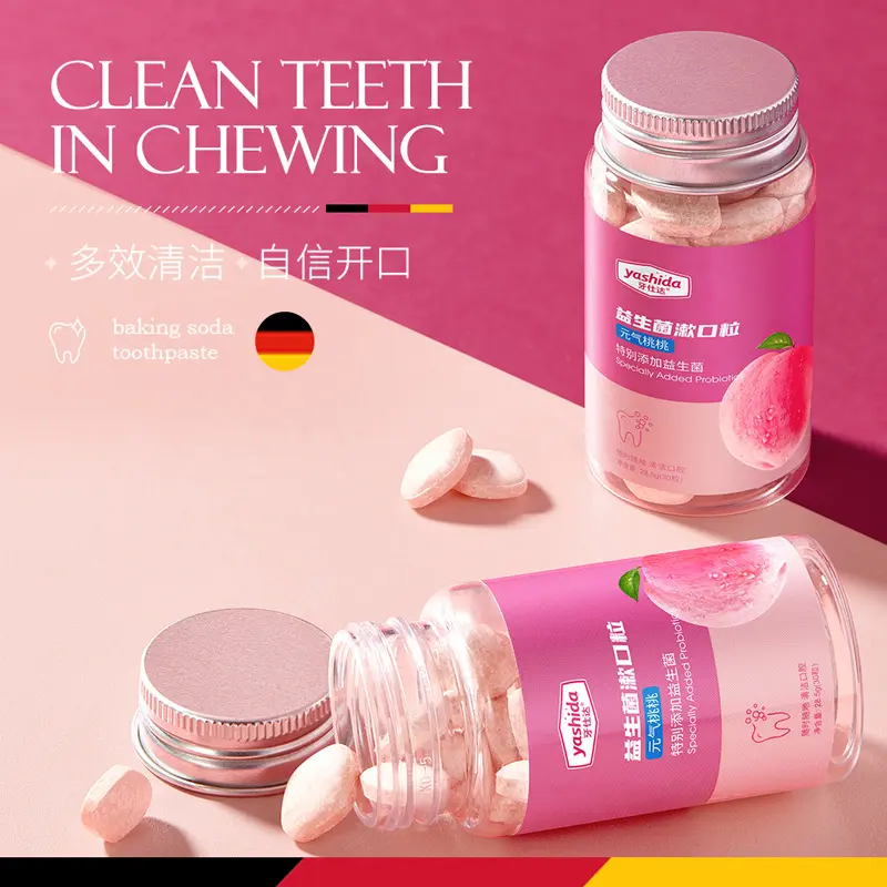 Kem Đánh Răng Rắn Probiotics, Shida Răng, 30 Viên, Hương Đào, Làm Sạch Sâu, Rửa Một Viên, Hàng Nhà Máy Bán Buôn Nữ Women Trắng Răng