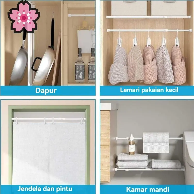 Gantungan Gorden Fleksibel Tanpa Bor - Untuk Kamar Mandi & Jemuran Pakaian - Pemasangan Mudah 7