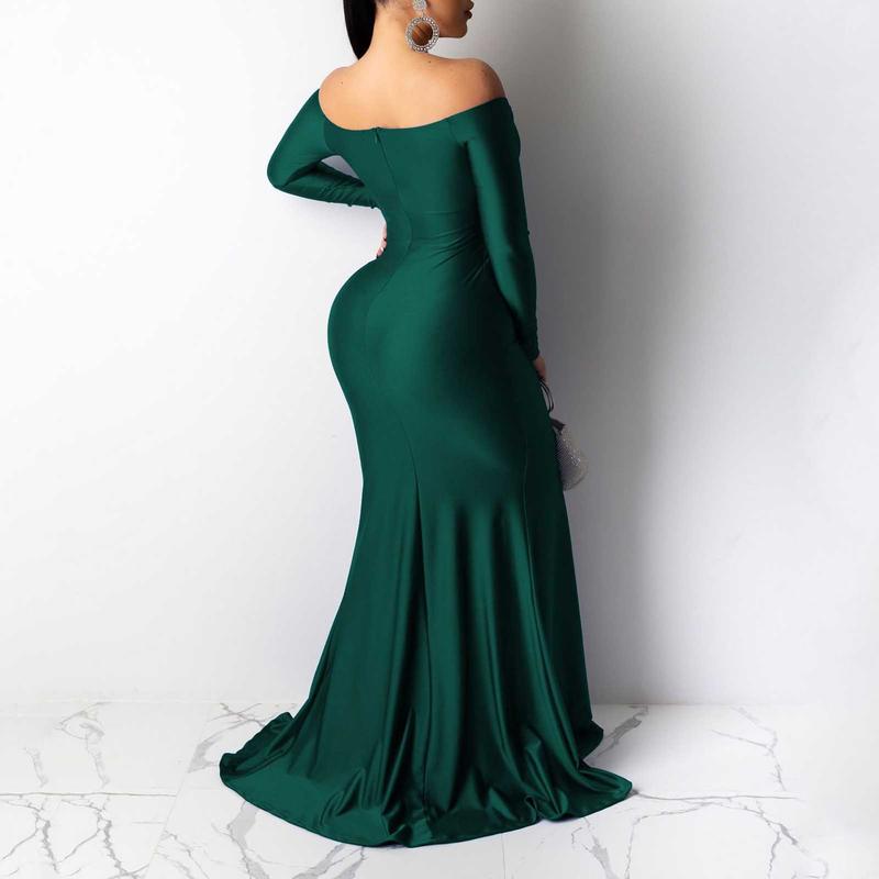 Lady Evening Dress V Neck Off Shoulder Side Slit Floor Length Long Sleeves Pleated Slim Fit Maxi Dress Ball Gown Banquet Party Dress 6