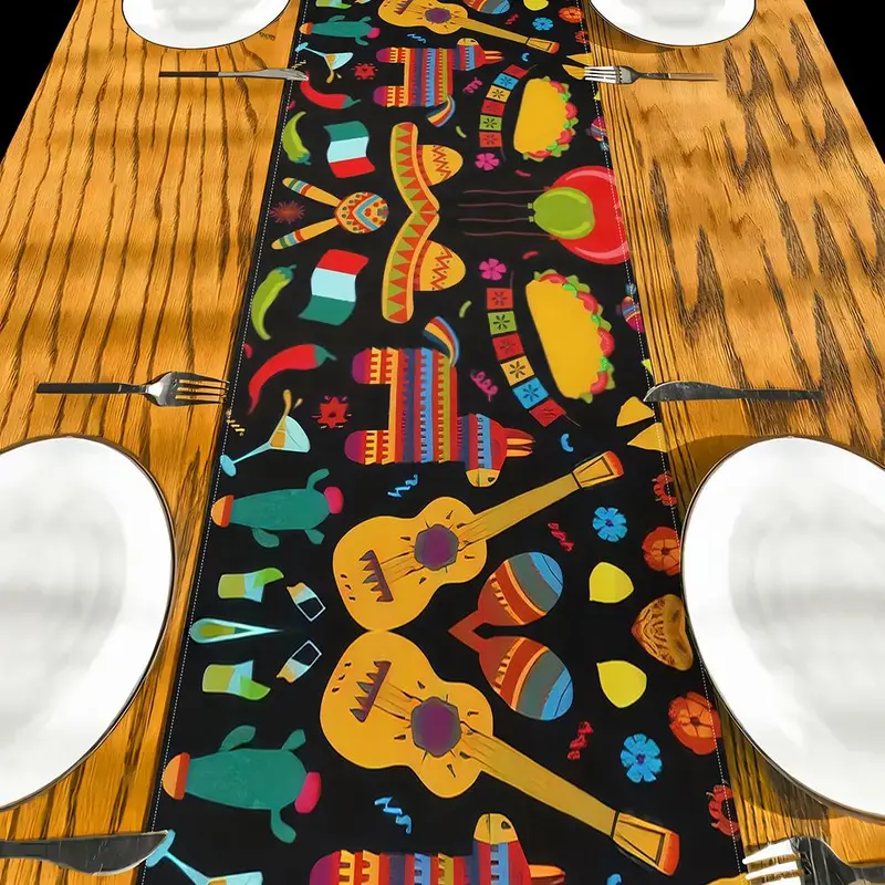 Mexican-themed Table Runner, Colorful Mexican-inspired Design Table Runner, Durable Indoor Outdoor Use Table Decor for Kitchen, Dining Room, Party 5